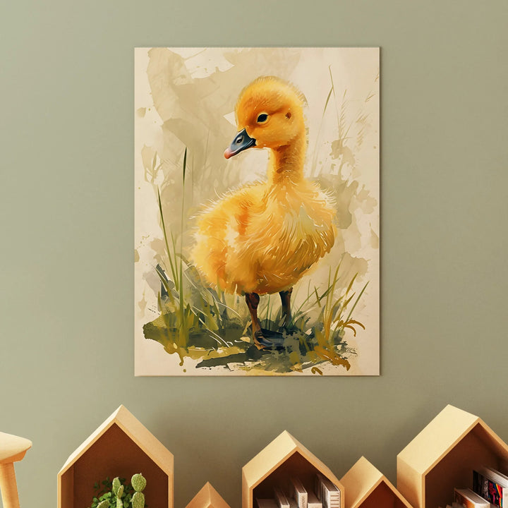 Yellow duckling nursery wall art poster with soft grass background in kids room