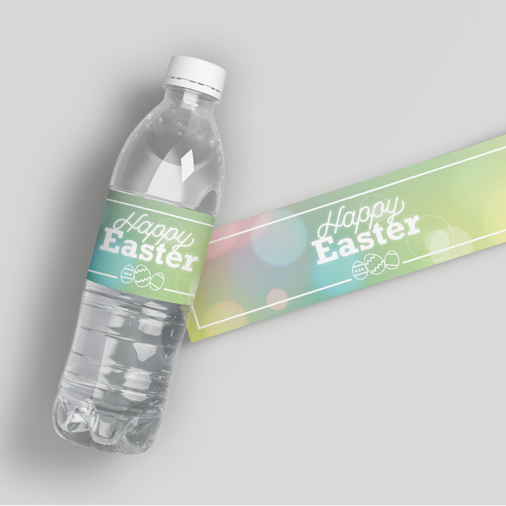 Clear water bottle with custom pastel Happy Easter label featuring Easter egg icons and bokeh background