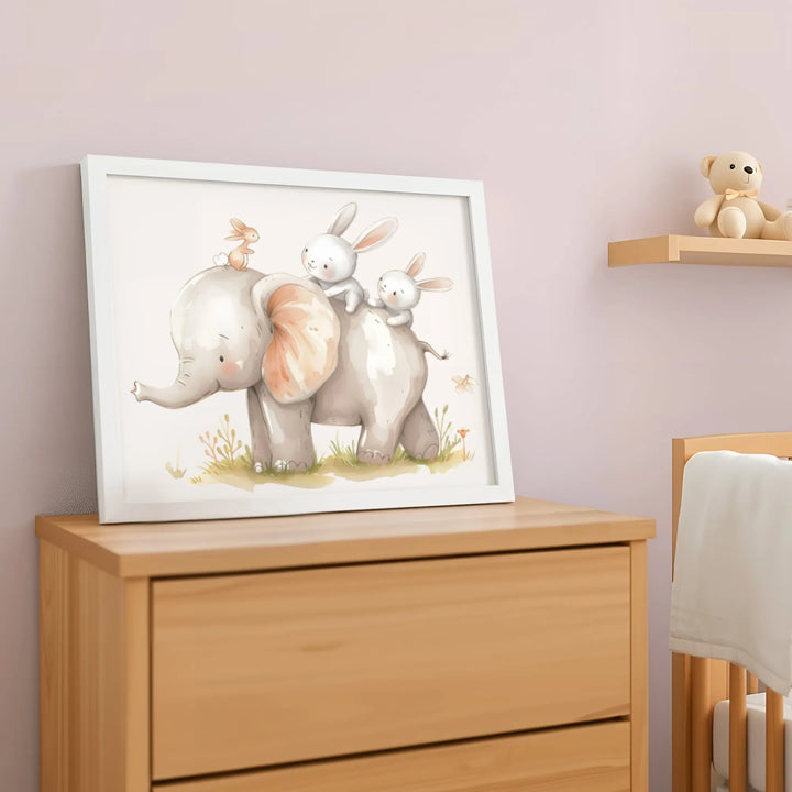 Cute nursery poster of an elephant with three playful bunny friends on a wooden dresser