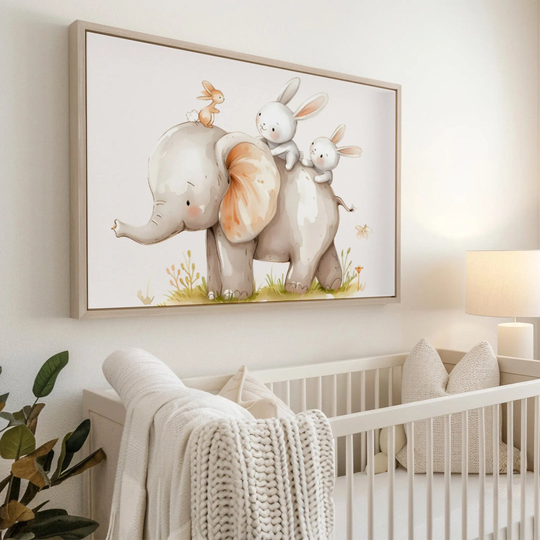 Elephant and Bunny Friends Nursery Poster – Cute Kids Room Wall Art - iCustomLabel