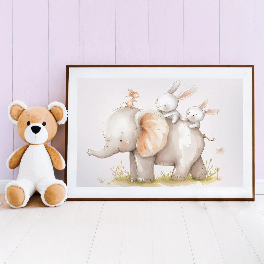 Elephant and Bunny Friends Nursery Poster – Cute Kids Room Wall Art - iCustomLabel