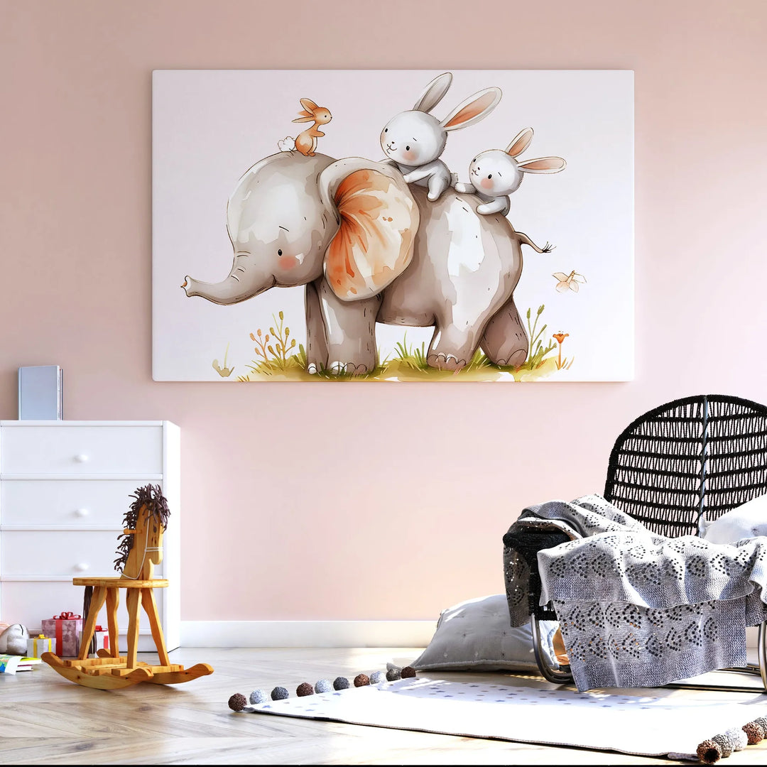 Elephant and Bunny Friends Nursery Poster – Cute Kids Room Wall Art - iCustomLabel
