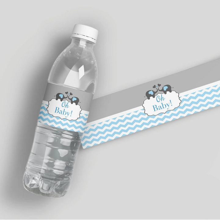 Elephant Blue Chevron Baby Shower Water Labels - iCustomLabel