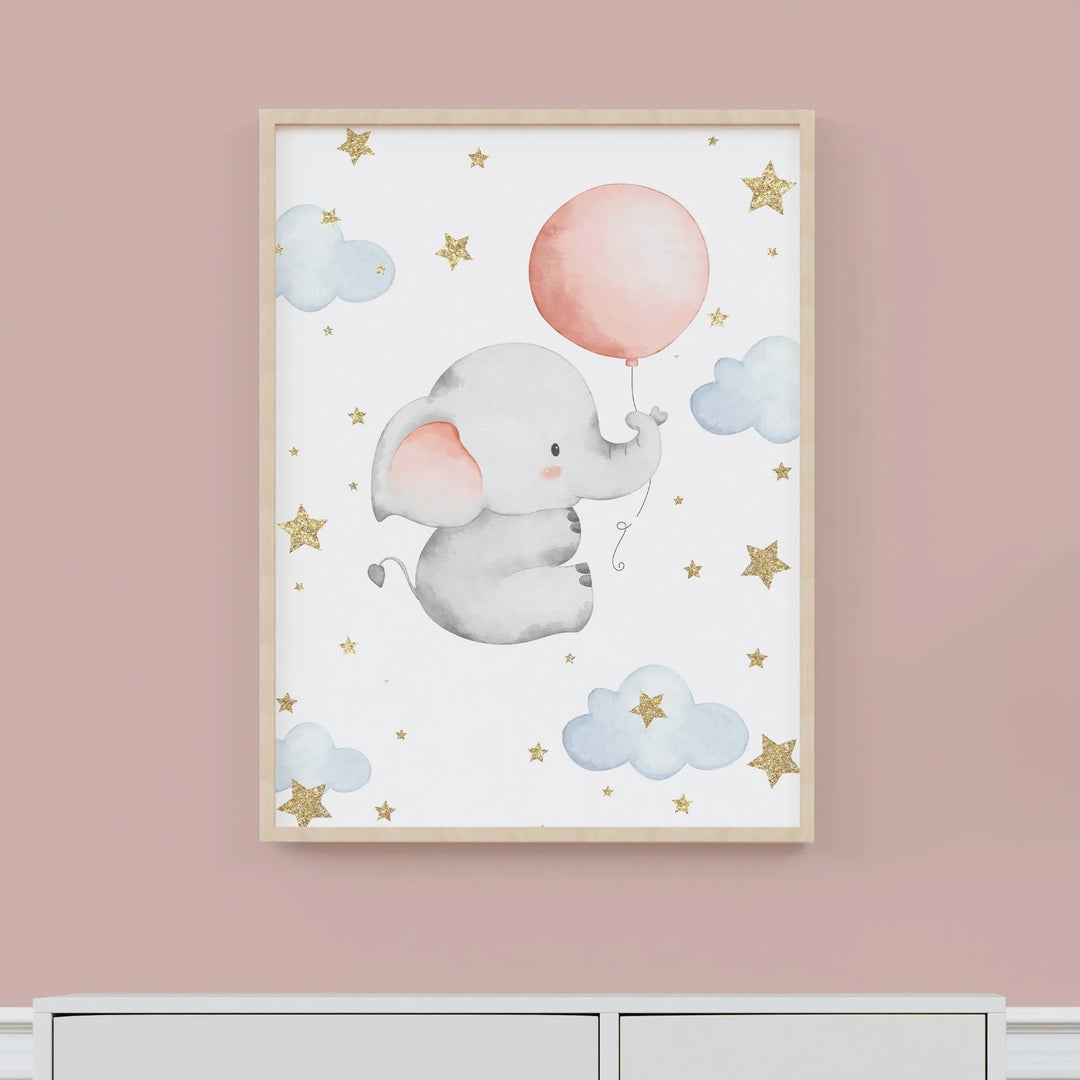 Elephant with Balloon Nursery Poster – Cute Kids Room Wall Art with Clouds and Stars - iCustomLabel