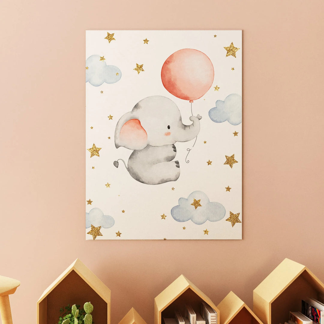 Elephant with Balloon Nursery Poster – Cute Kids Room Wall Art with Clouds and Stars - iCustomLabel