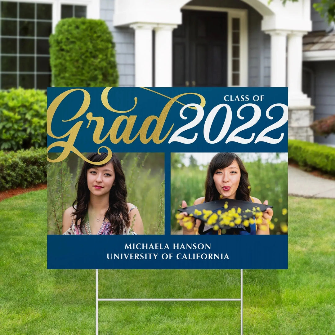 Lawn sign with photos, gold script Grad, Class of 2022, Michaela Hanson, University of California