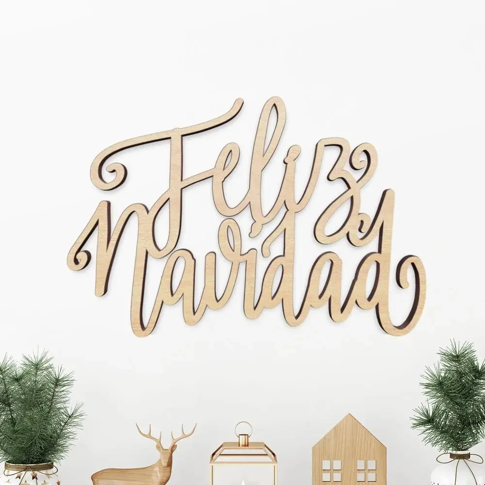 Wooden Feliz Navidad sign on white wall with holiday decor, Christmas trees and reindeer figure