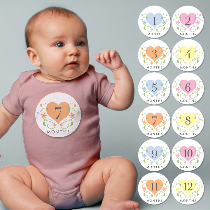 Floral Heart Baby Month Stickers - iCustomLabel