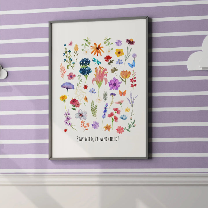 Colorful floral nursery wall art poster with wildflowers and quote Stay Wild, Flower Child on purple striped wall