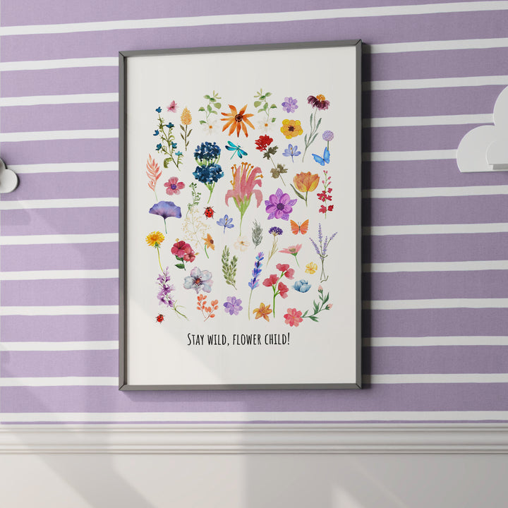 Flower Child Nursery Poster – Colorful Kids Room Wall Art with Wildflowers and Inspirational Quote - iCustomLabel