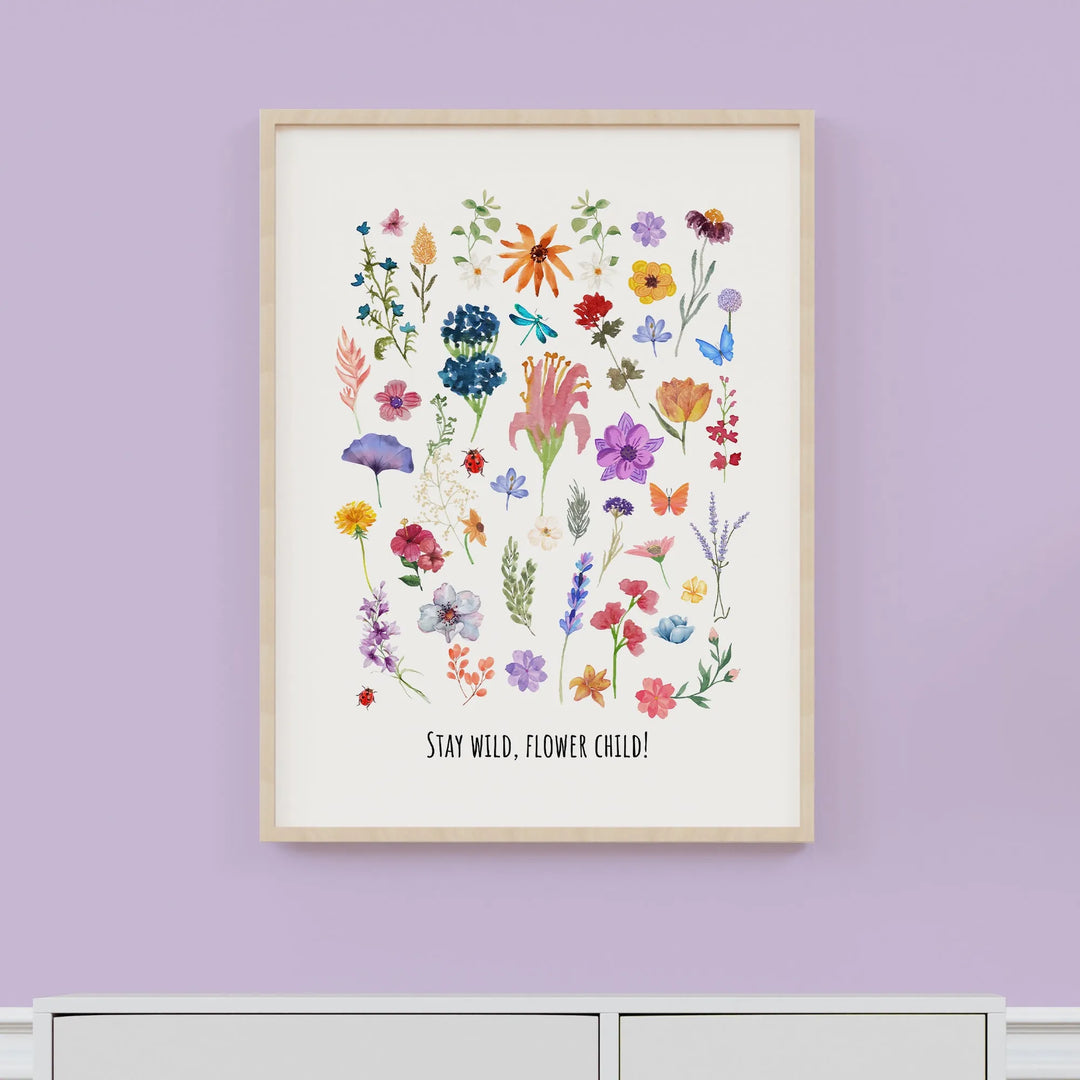 Flower Child Nursery Poster – Colorful Kids Room Wall Art with Wildflowers and Inspirational Quote - iCustomLabel