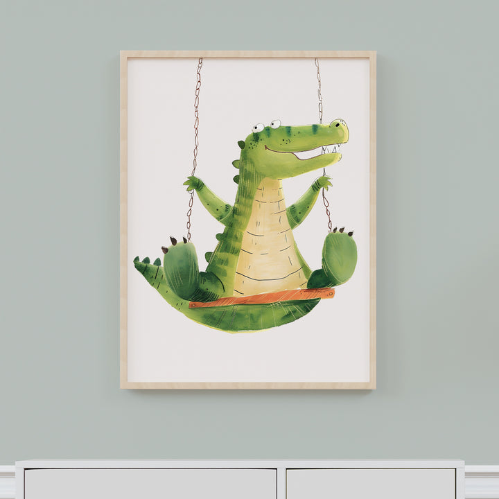 Gator Swing Nursery Poster – Cute Kids Room Wall Art with Alligator on a Swing - iCustomLabel