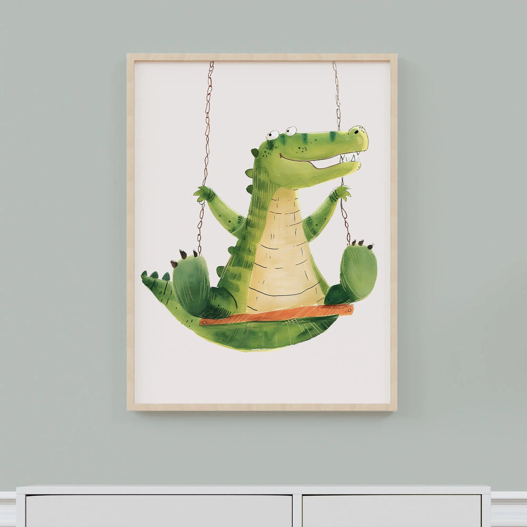 Gator Swing Nursery Poster – Cute Kids Room Wall Art with Alligator on a Swing - iCustomLabel