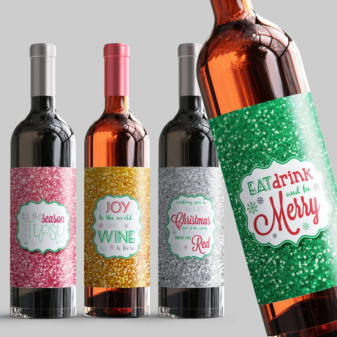 Glitter Christmas Wine Label Set - iCustomLabel