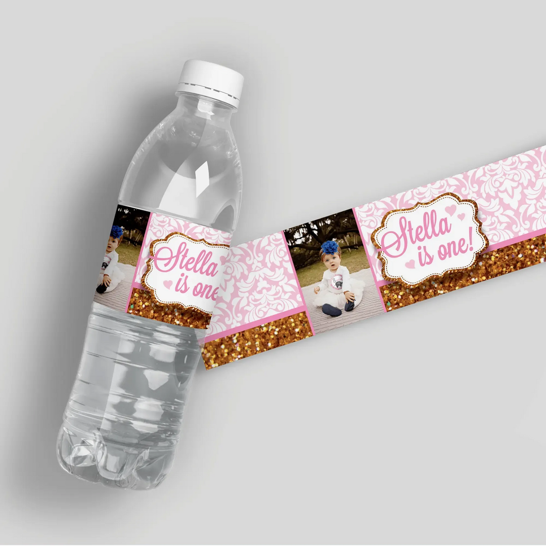 Glitter Damask Birthday Water Bottle Labels - iCustomLabel