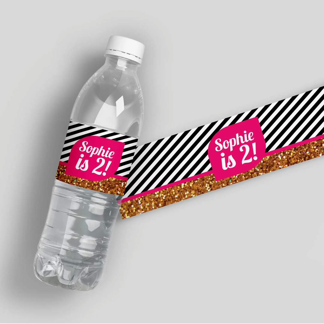 Glitter Stripes Birthday Water Bottle Labels - iCustomLabel