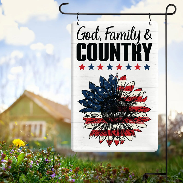 Patriotic garden flag with sunflower in American flag colors and text God, Family & Country