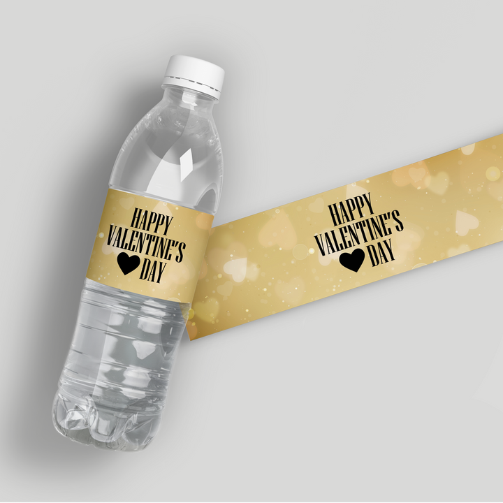 Gold Bokeh Hearts Valentine Water Bottle Labels