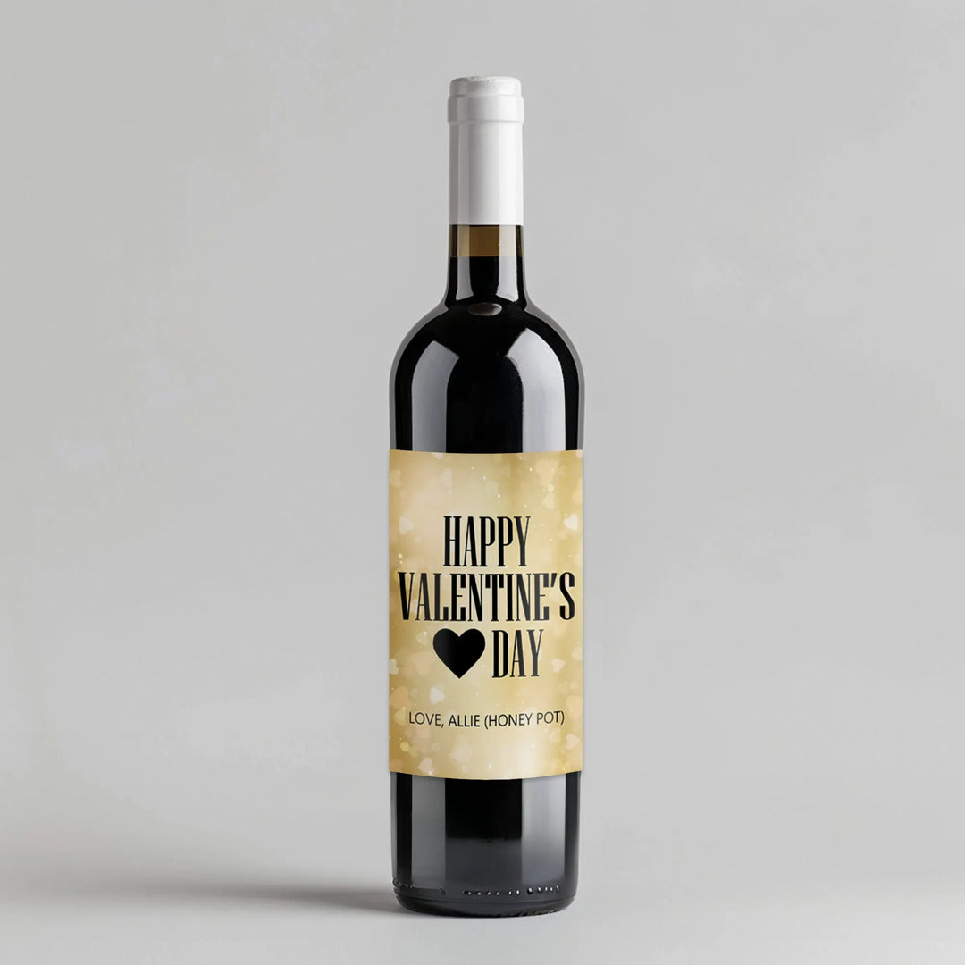 Gold Bokeh Hearts Valentine Wine Label - iCustomLabel