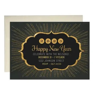 Gold Burst New Years Party Invitations - iCustomLabel