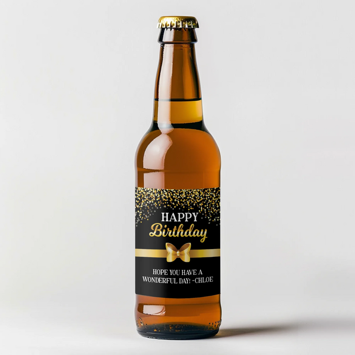 Gold Confetti Bow Birthday Beer Label - iCustomLabel