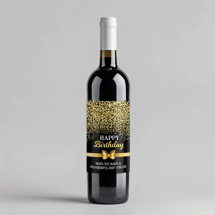 Gold Confetti Bow Birthday Wine Label - iCustomLabel