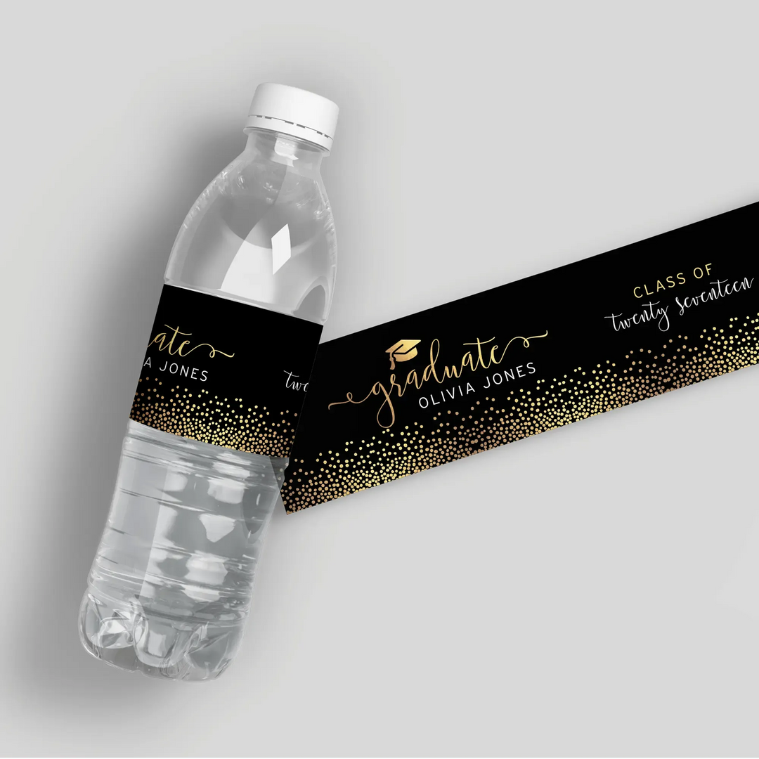 Gold Confetti Graduation Water Bottle Labels - iCustomLabel