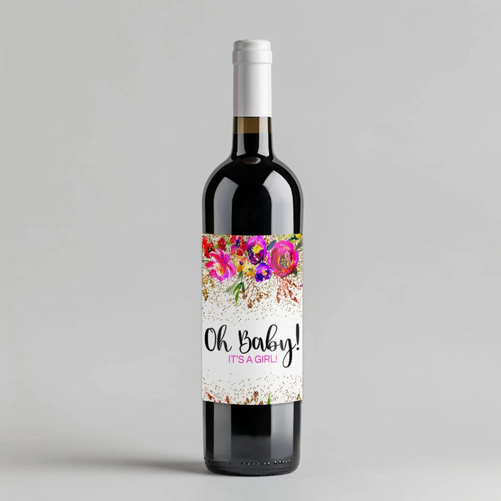 Gold Confetti Neon Baby Shower Wine Label - iCustomLabel