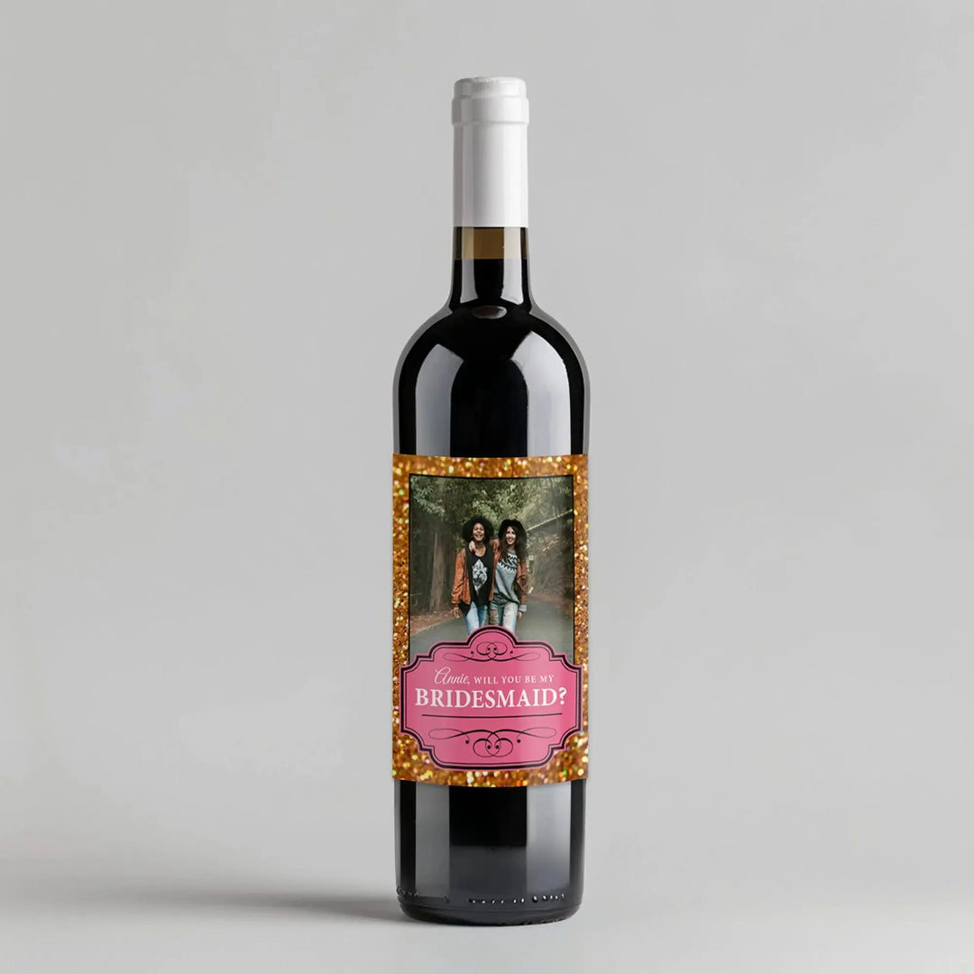 Gold Glitter Pink Frame Bridesmaid Wine Label - iCustomLabel