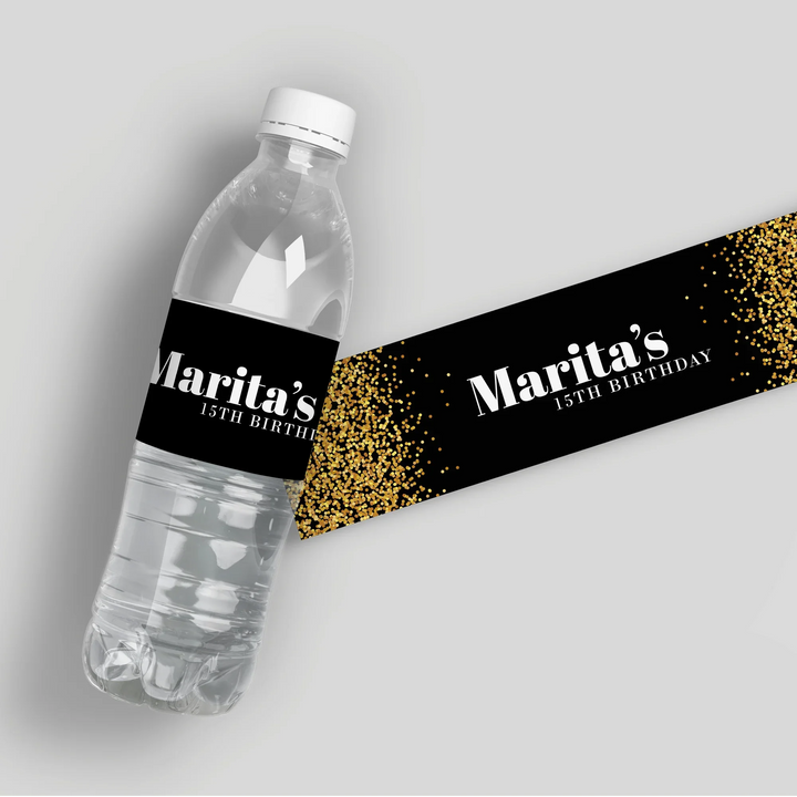 Gold Glitter Spill Water Bottle Labels