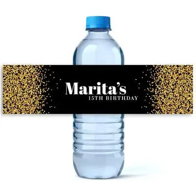 Gold Glitter Spill Water Bottle Labels - iCustomLabel