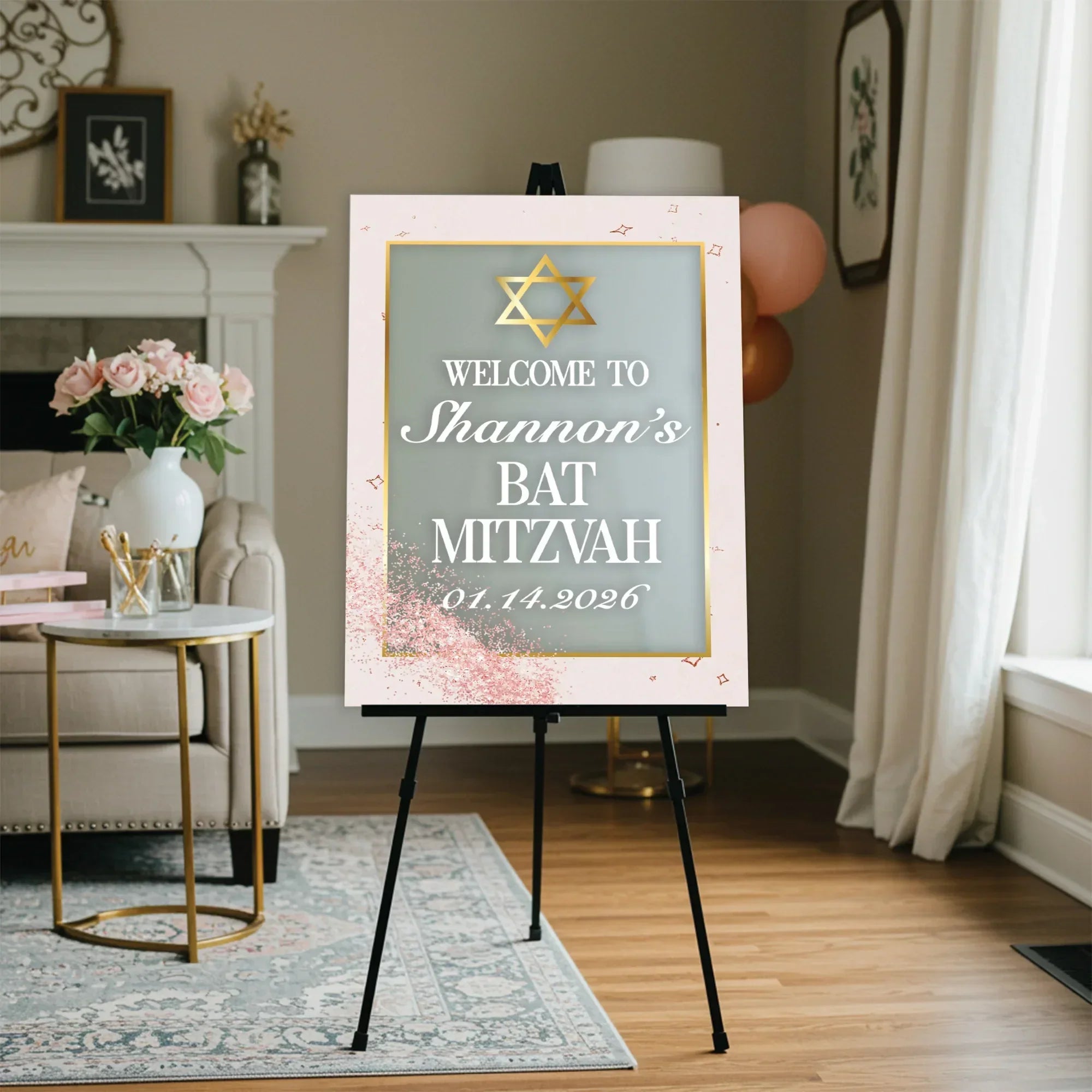 Pink & Gold Bat Mitzvah Sign | Glamorous Party Decor – iCustomLabel