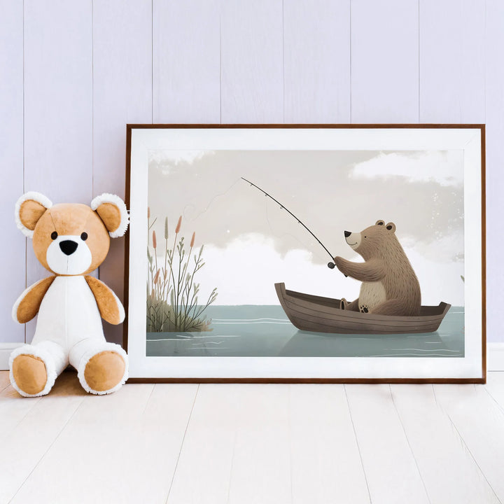 Cute nursery wall art featuring a cartoon bear fishing from a wooden boat on calm water