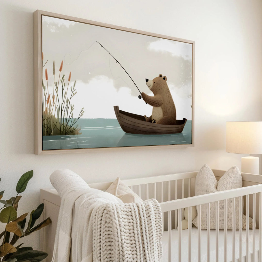 Gone Fishing Bear Nursery Poster – Cute Kids Room Wall Art with Boat and Nature - iCustomLabel