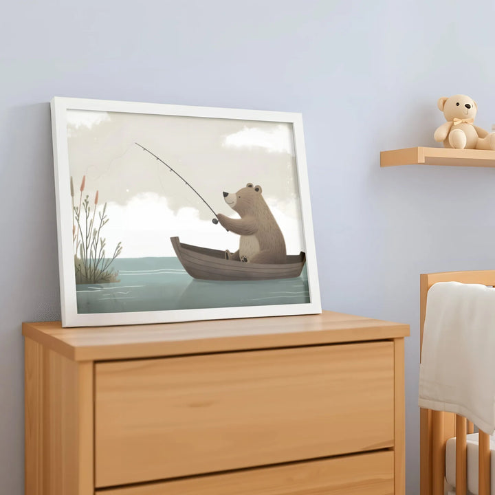 Gone Fishing Bear Nursery Poster – Cute Kids Room Wall Art with Boat and Nature - iCustomLabel