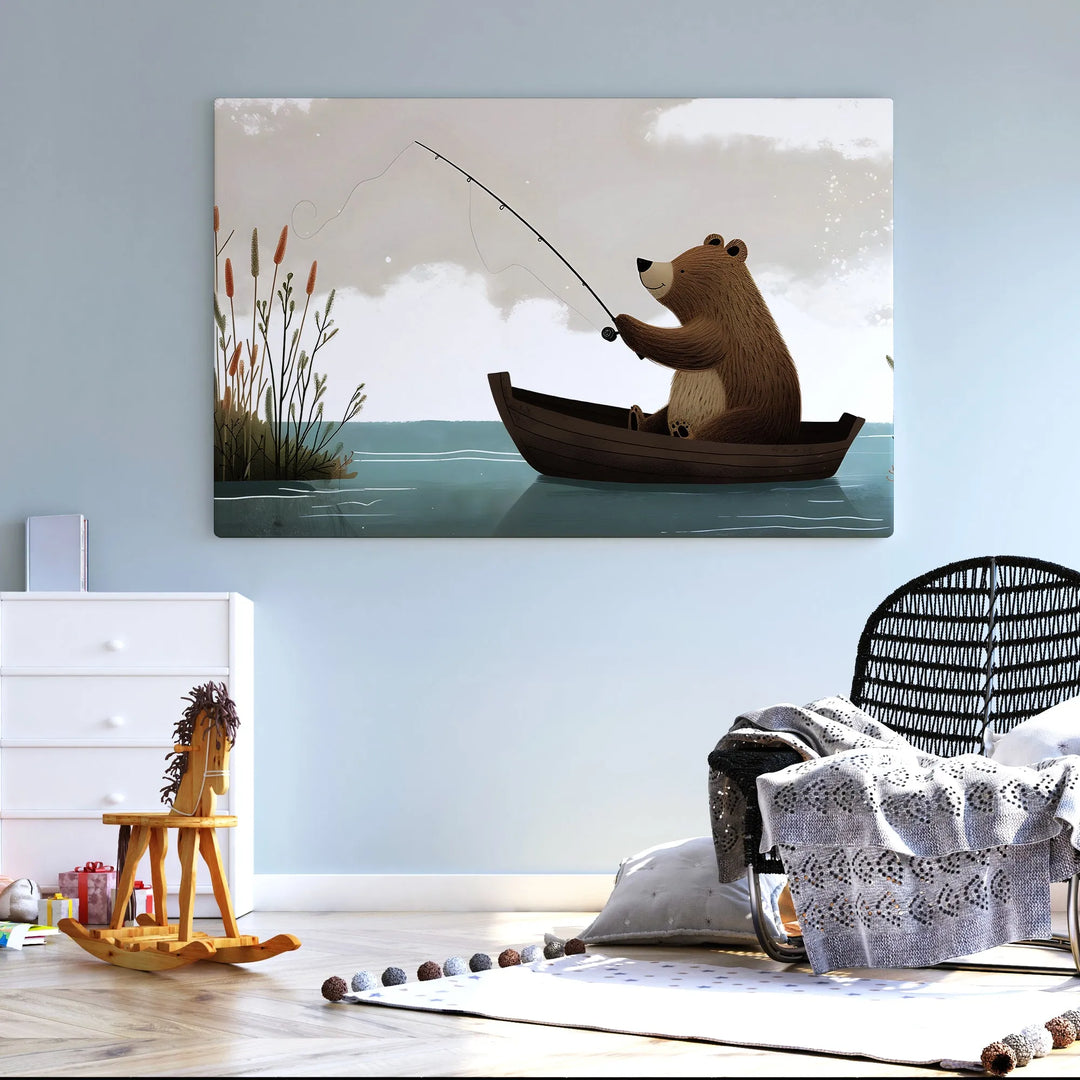 Gone Fishing Bear Nursery Poster – Cute Kids Room Wall Art with Boat and Nature - iCustomLabel