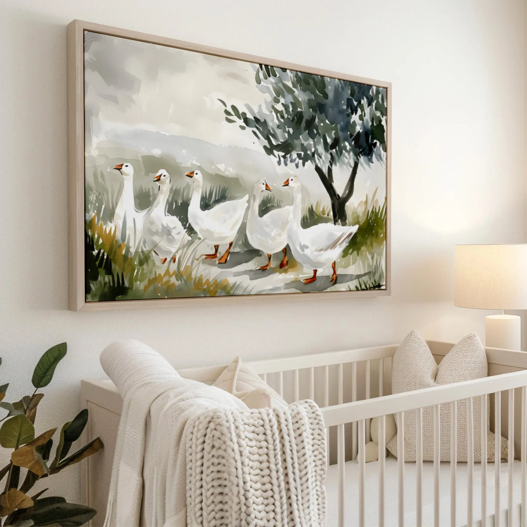Goose Trail Nursery Poster – Watercolor Wall Art for Kids Room with Ducks and Nature - iCustomLabel