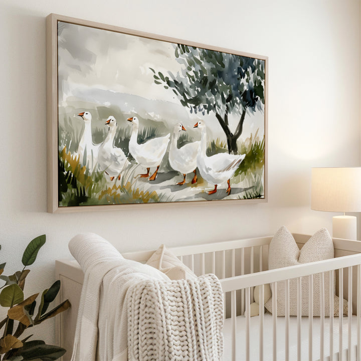 Goose Trail Nursery Poster – Watercolor Wall Art for Kids Room with Ducks and Nature - iCustomLabel