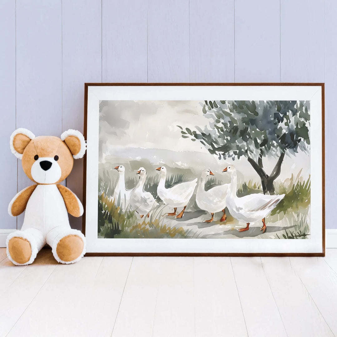 Goose Trail Nursery Poster – Watercolor Wall Art for Kids Room with Ducks and Nature - iCustomLabel
