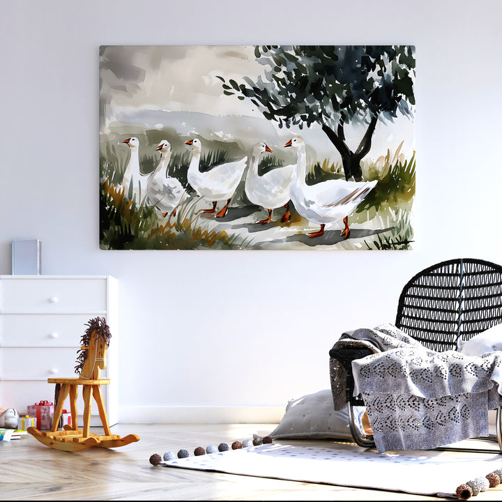 Goose Trail Nursery Poster – Watercolor Wall Art for Kids Room with Ducks and Nature - iCustomLabel