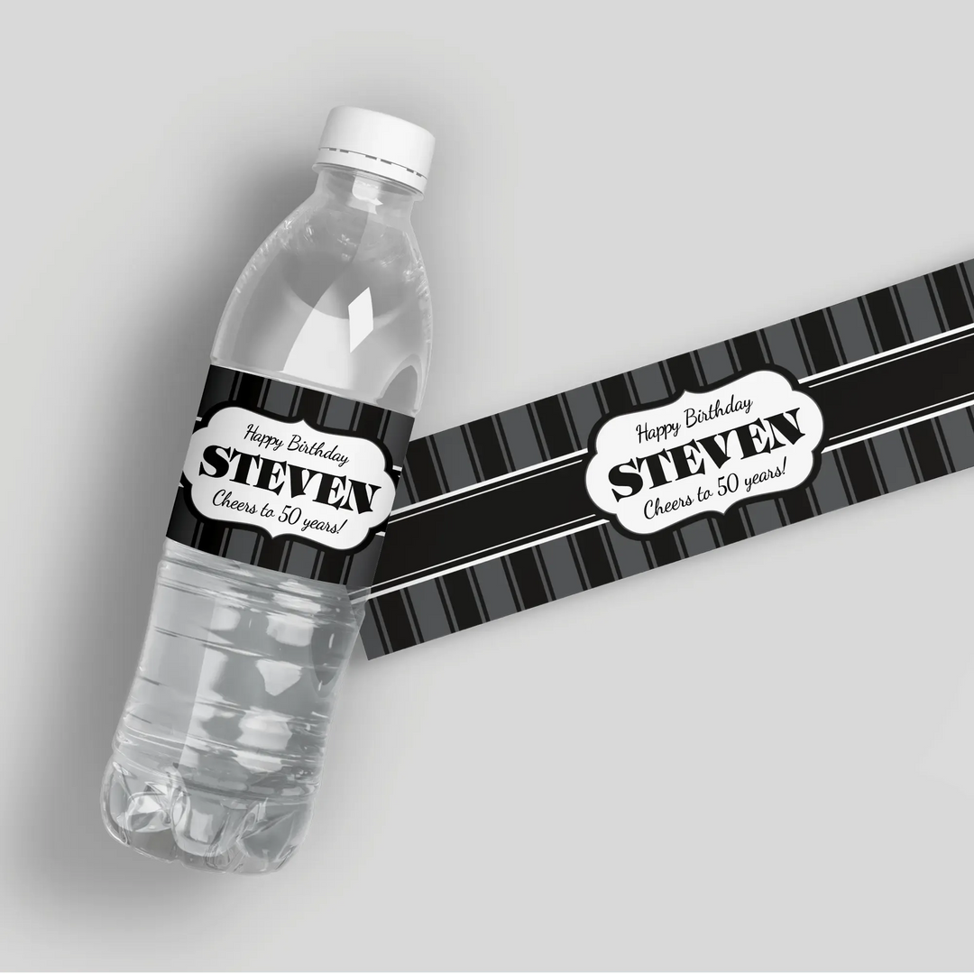 Gray Black Birthday Water Bottle Labels - iCustomLabel