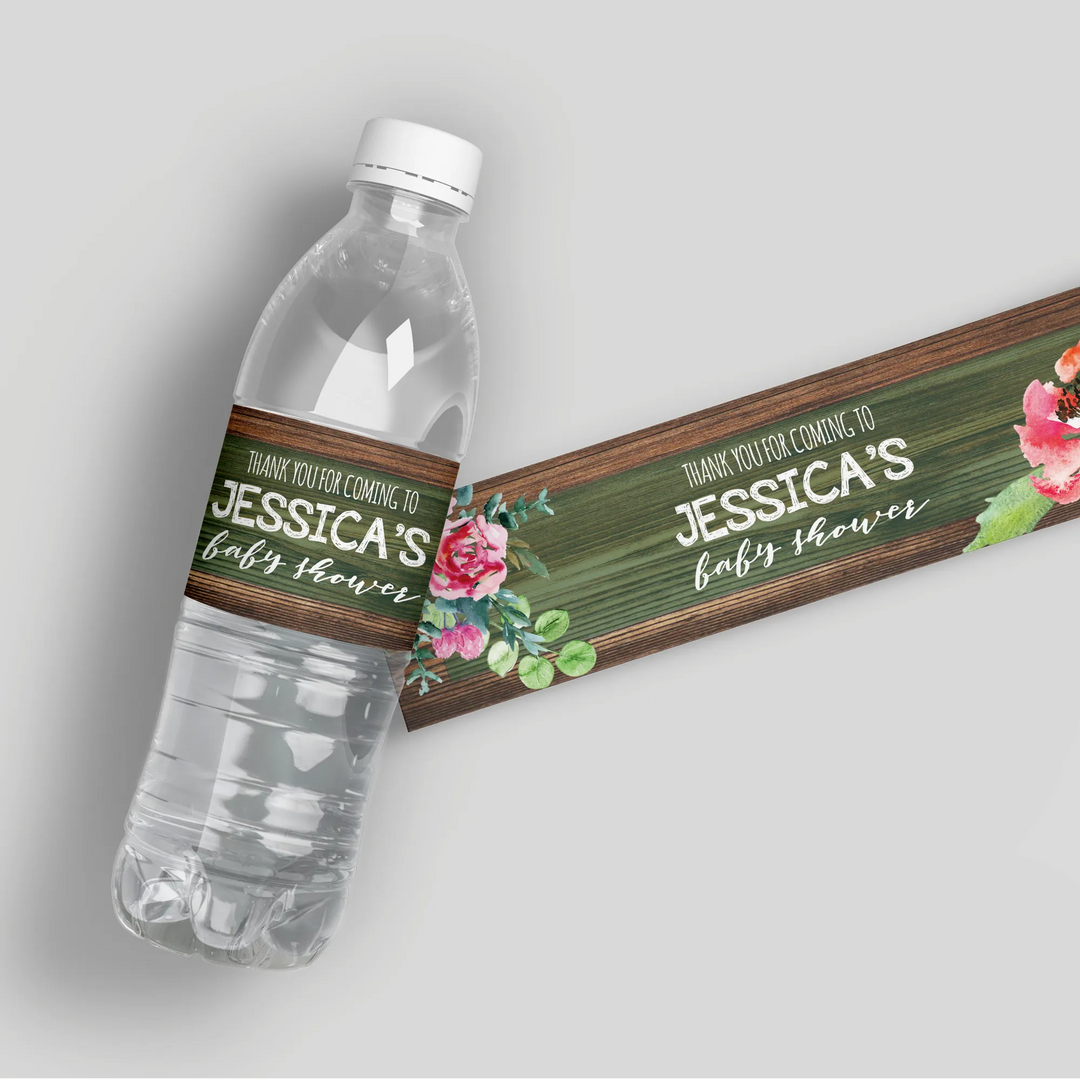 Green Wood Baby Shower Water Bottle Labels - iCustomLabel