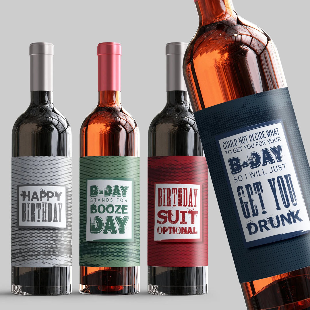 Grunge Halftone Birthday Wine Label Set - iCustomLabel