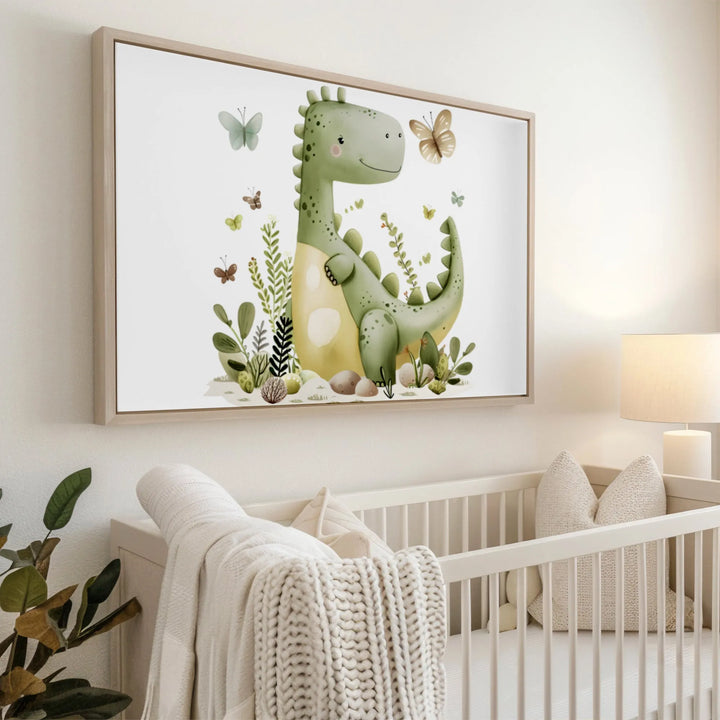 Cute green dinosaur nursery wall art with butterflies, plants in cozy baby's room