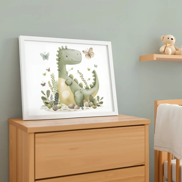 Happy Dino Nursery Poster – Cute Kids Room Wall Art with Green Dinosaur and Butterflies - iCustomLabel