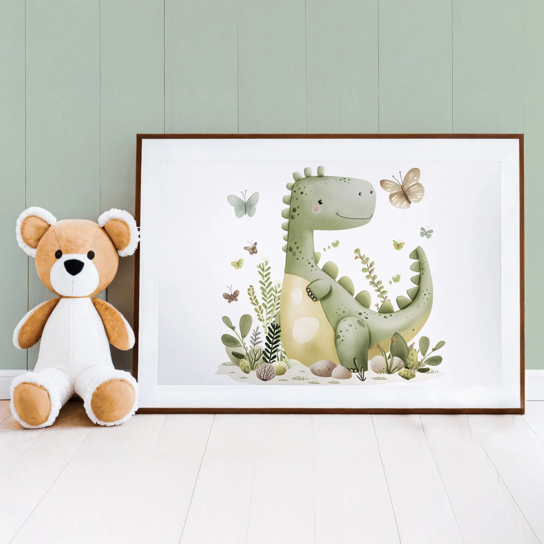 Happy Dino Nursery Poster – Cute Kids Room Wall Art with Green Dinosaur and Butterflies - iCustomLabel