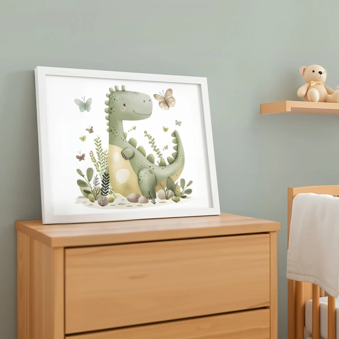 Happy Dino Nursery Poster – Cute Kids Room Wall Art with Green Dinosaur and Butterflies - iCustomLabel