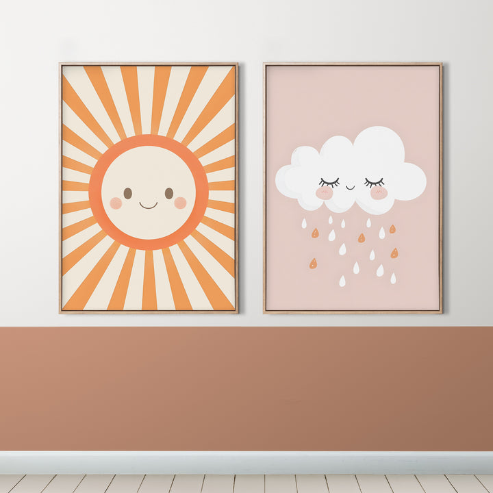 Happy Showers Poster – Cute Sun and Cloud Nursery Wall Art with Smiling Sun and Raindrops - iCustomLabel
