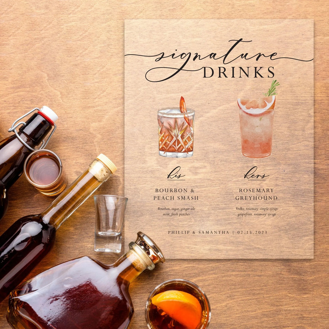 Signature drinks menu on wood with illustrated Bourbon & Peach Smash and Rosemary Greyhound cocktails