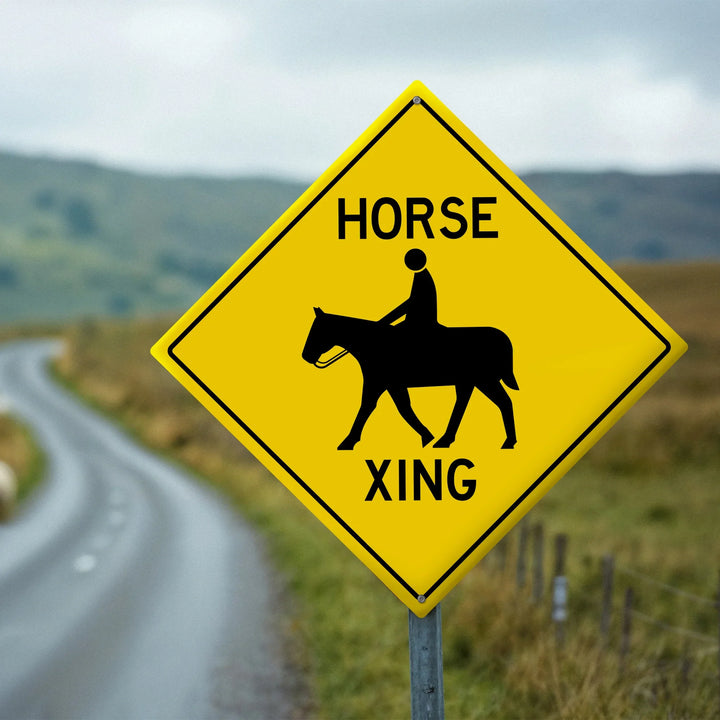 Yellow horse crossing sign with rider silhouette on rural road with grassy hills